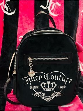 Juicy Couture Black Velvet Mini Backpack with Silver Heart Charm